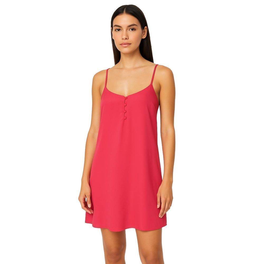 L'Academie Satin Cami Slip Mini Dress Button Placket Scalloped Coral Pink S